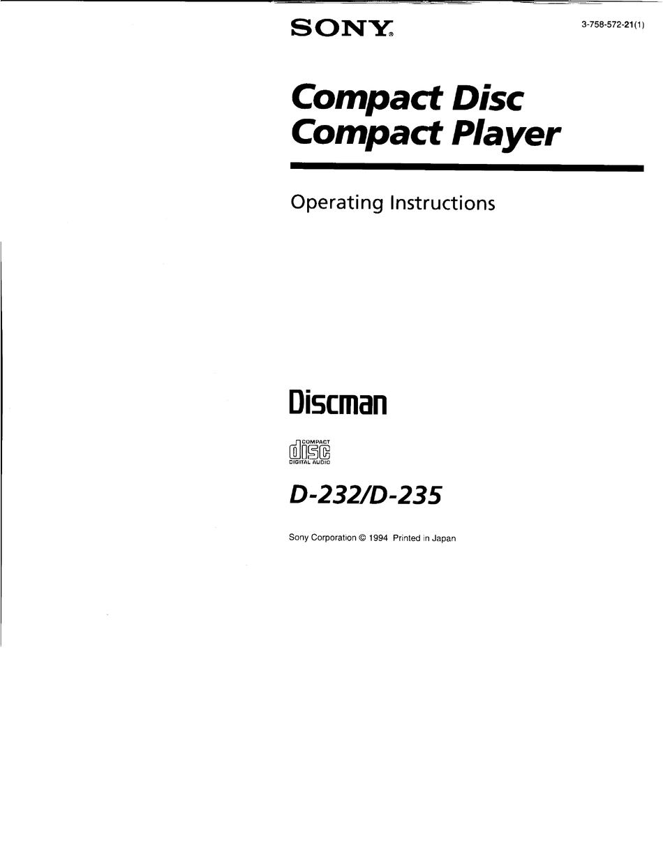 SONY DISCMAN D232 OPERATING INSTRUCTIONS MANUAL Pdf Download ManualsLib