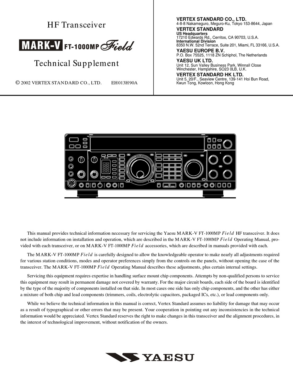 Yaesu Mark V Ft 1000mp Field Technical Supplement Pdf Download Manualslib