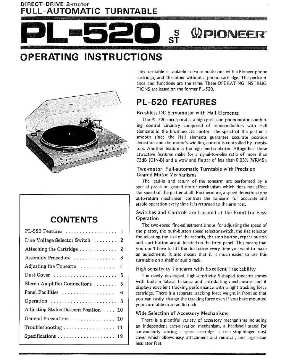 PIONEER PL-520 OPERATING INSTRUCTIONS MANUAL Pdf Download | ManualsLib