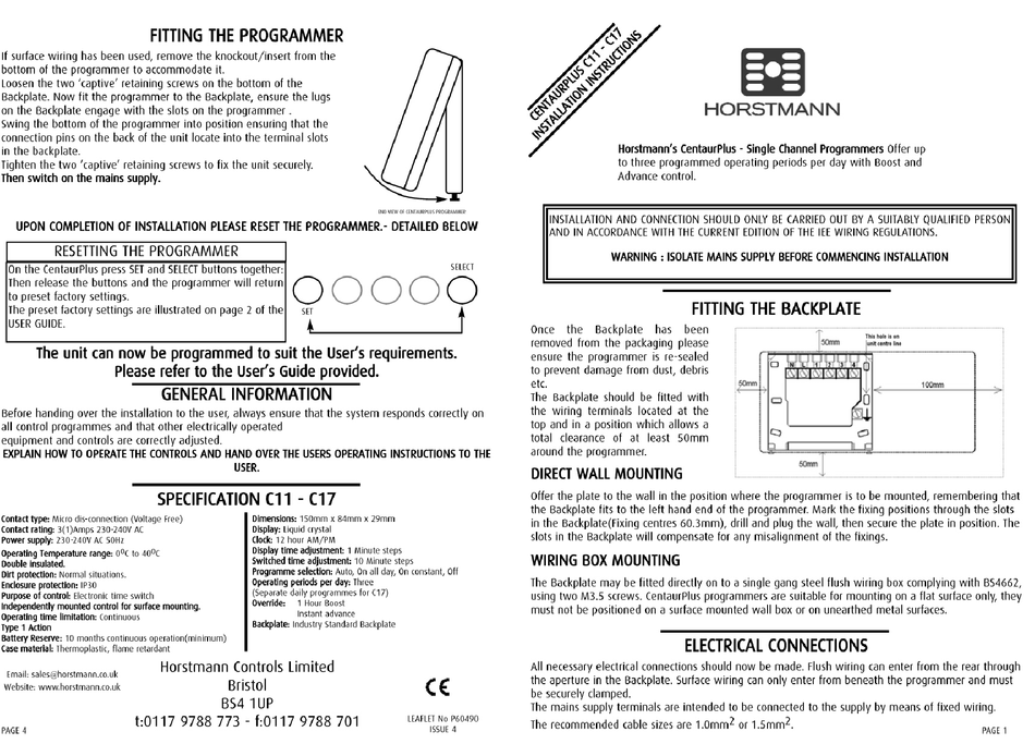 HORSTMANN CENTAURPLUS C11 INSTALLATION INSTRUCTIONS Pdf Download