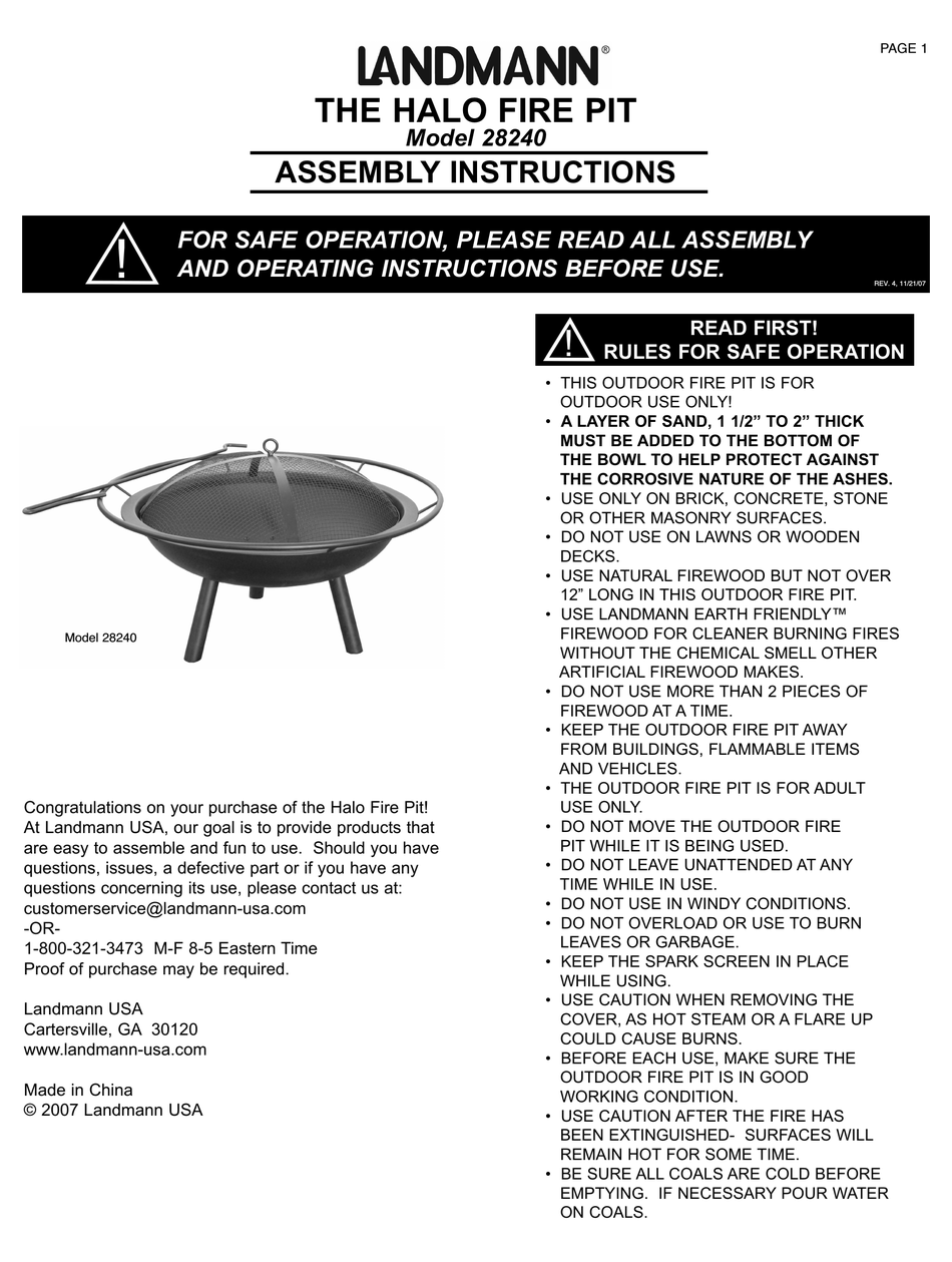 Landmann 28240 Assembly Instructions, Fire Pit Instructions