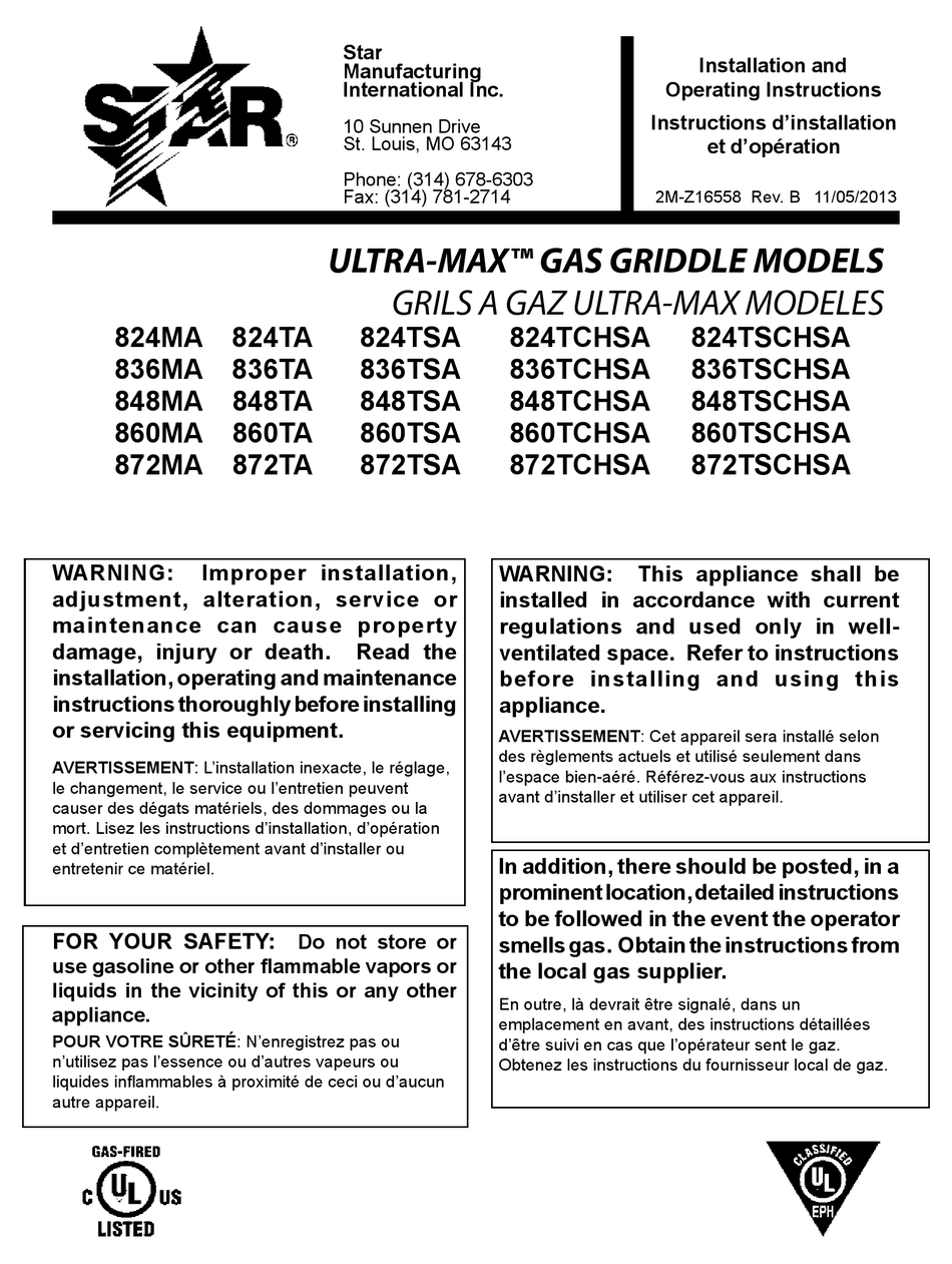 STAR ULTRAMAX 824MA INSTALLATION AND OPERATING INSTRUCTIONS MANUAL Pdf