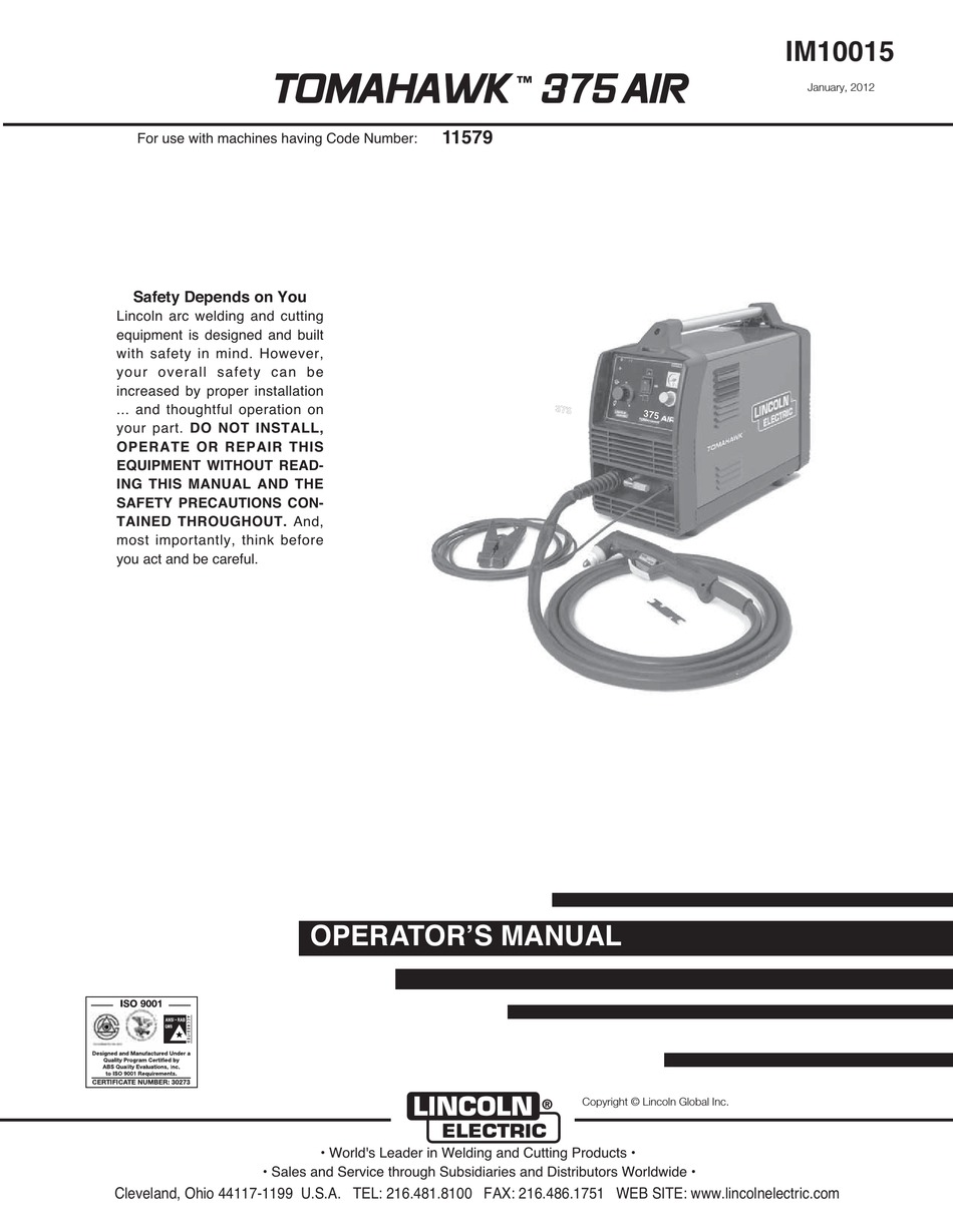 LINCOLN ELECTRIC TOMAHAWK 375 AIR OPERATOR'S MANUAL Pdf Download ...