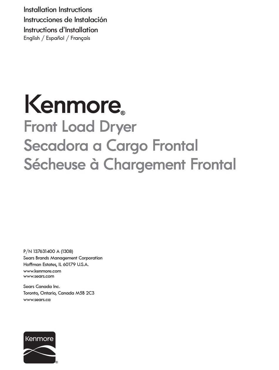 KENMORE FRONT LOAD DRYER INSTALLATION INSTRUCTIONS MANUAL Pdf Download