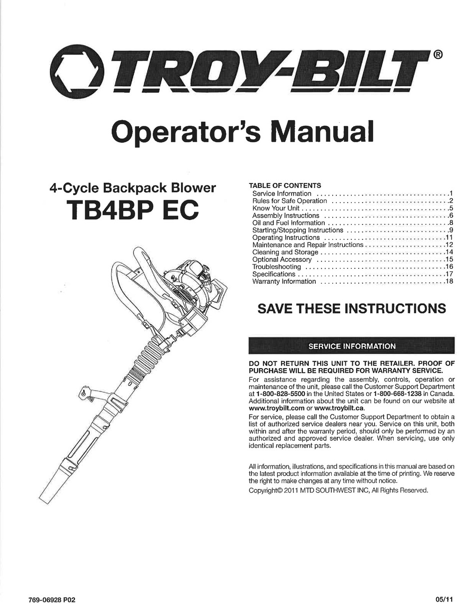 TROYBILT TB4BP EC OPERATOR