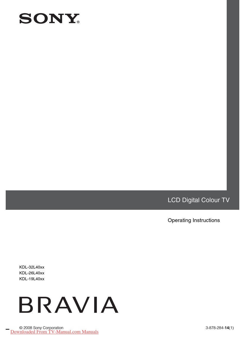 SONY BRAVIA KDL-32L40XX OPERATING INSTRUCTIONS MANUAL Pdf Download ...