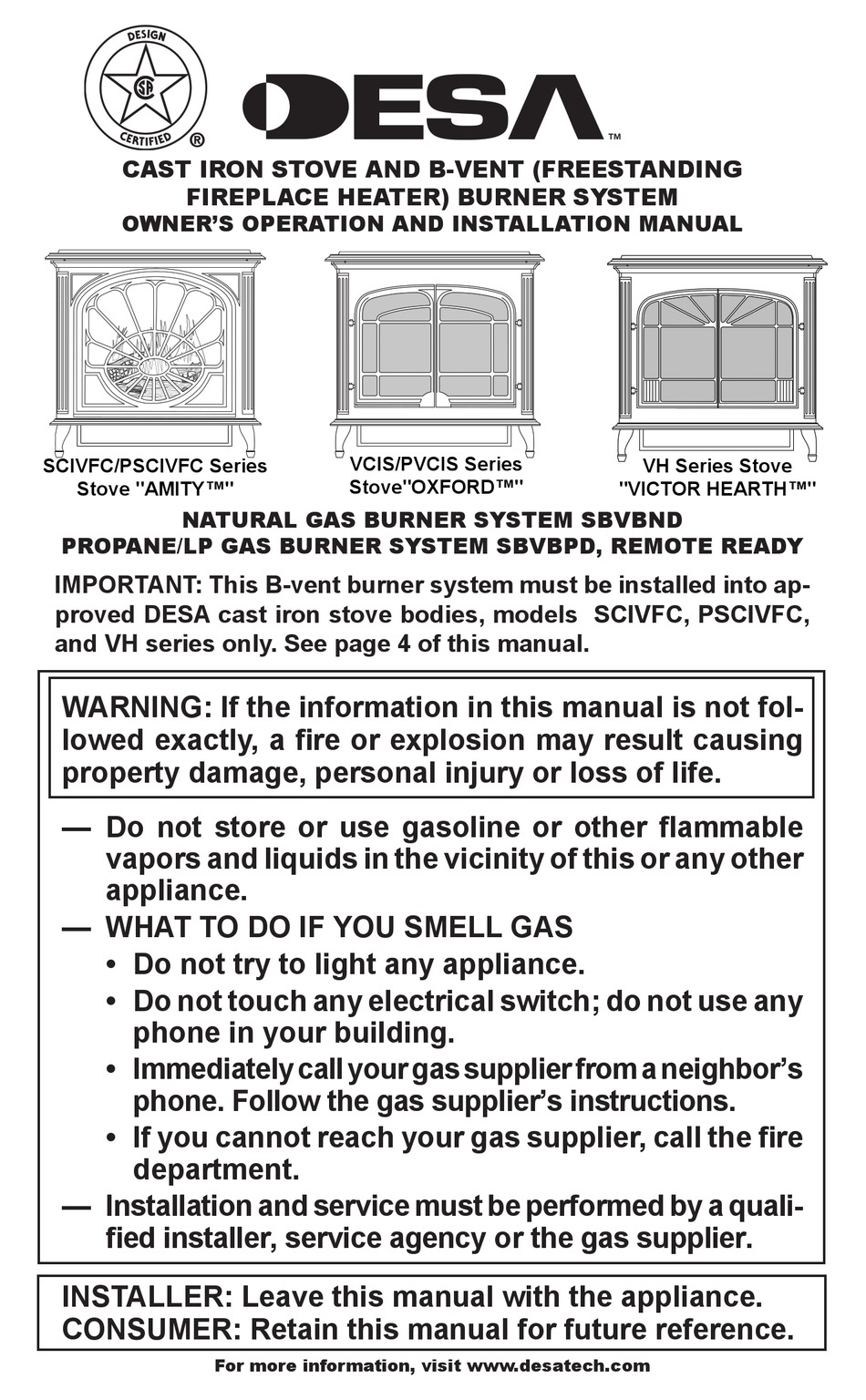 DESA VH SERIES STOVEVICTOR HEARTH OWNER'S OPERATION AND INSTALLATION  MANUAL Pdf Download | ManualsLib