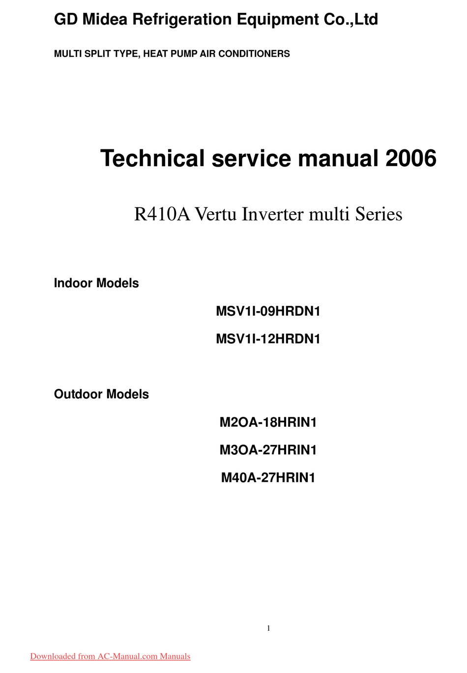 Midea Msv1i 09hrdn1 Technical Service Manual Pdf Download Manualslib