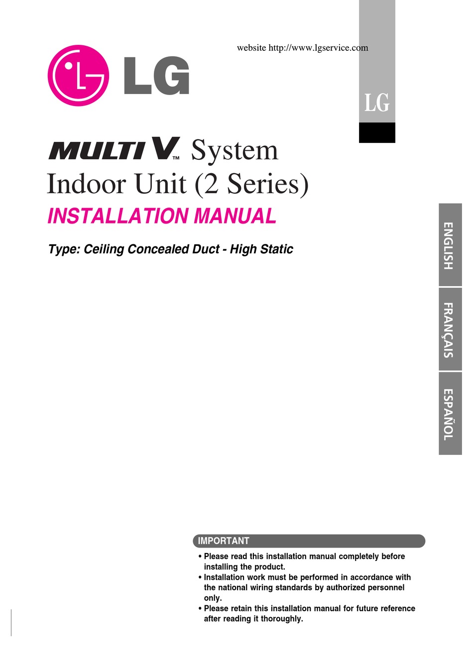 LG MULTI V SYSTEM INDOOR UNIT 2 SERIES INSTALLATION MANUAL Pdf Download ManualsLib