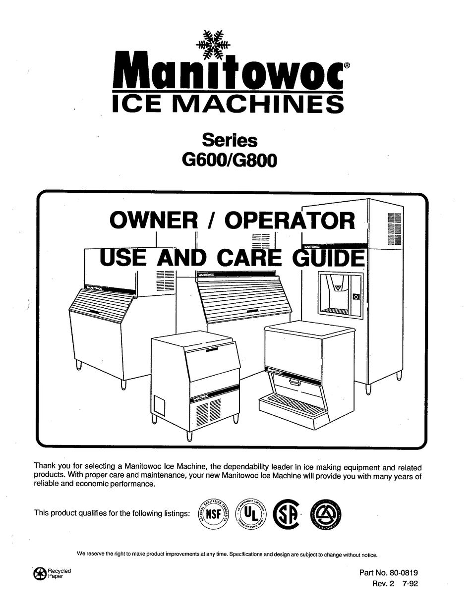 MANITOWOC G600 SERIES OWNER / OPERATOR USE AND CARE MANUAL Pdf Download