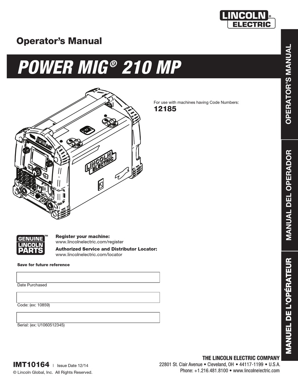 LINCOLN ELECTRIC POWER MIG 210 MP OPERATOR'S MANUAL Pdf Download