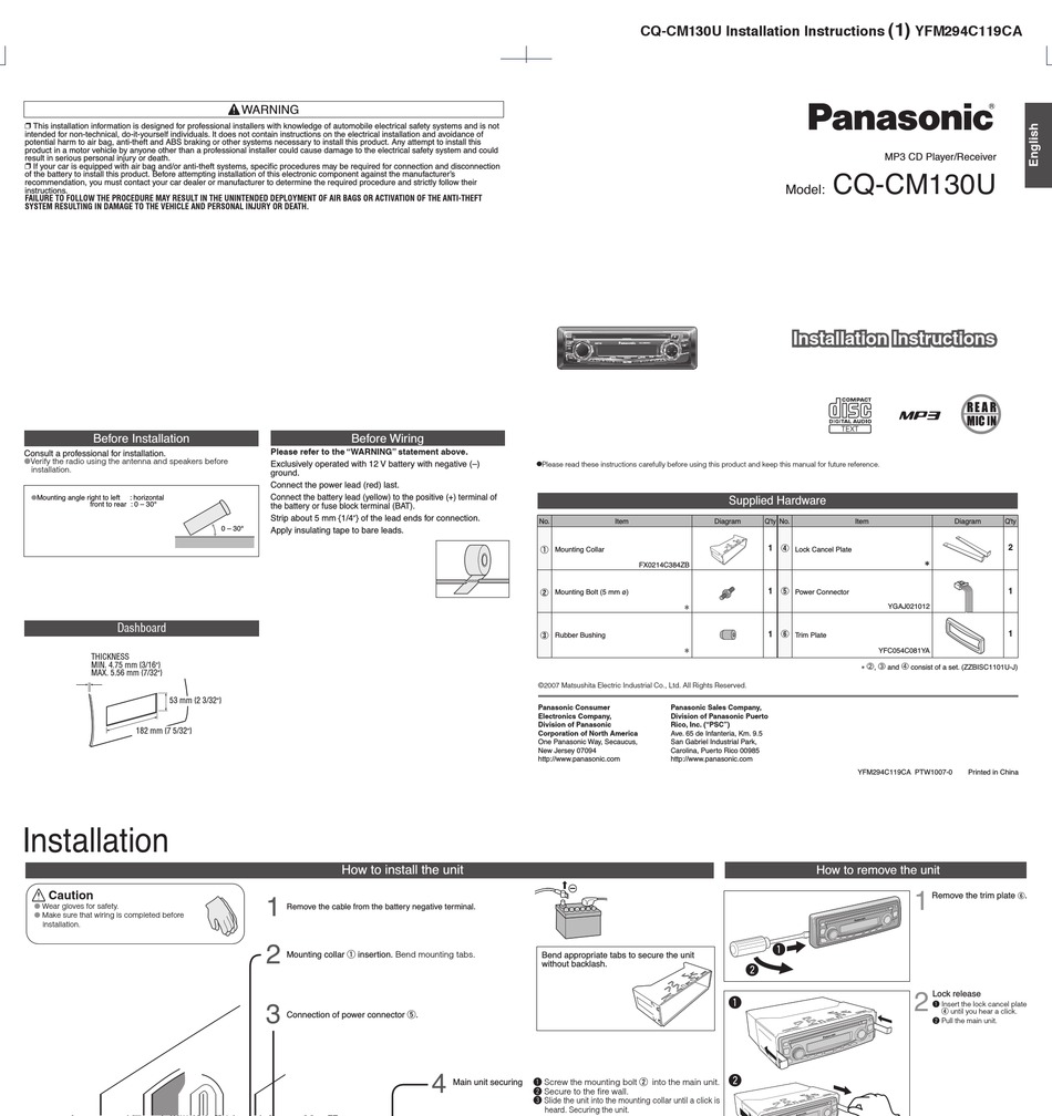 Panasonic Cq Cm130u Installation Instructions Pdf Download Manualslib