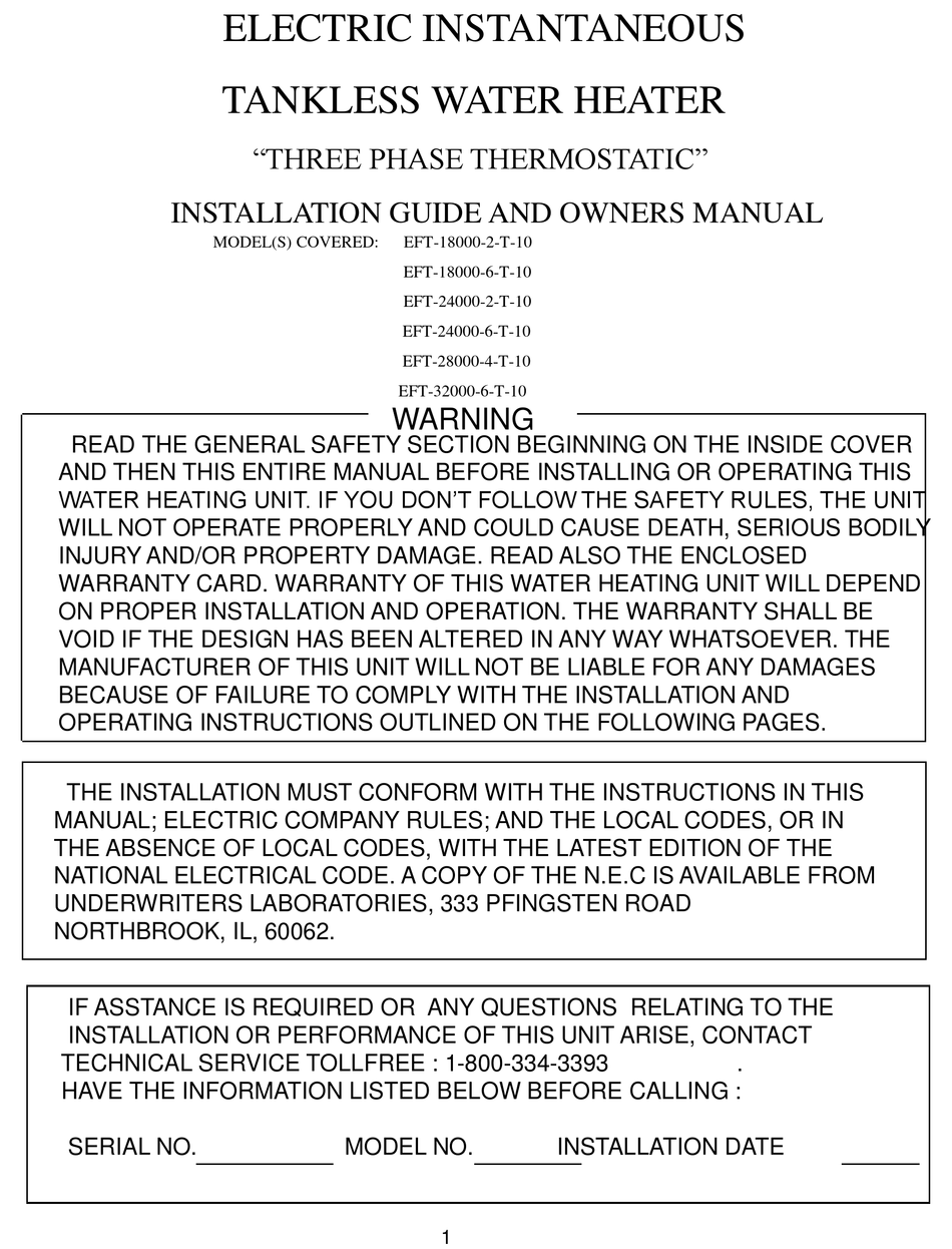 BRADFORD WHITE EFT180002T10 INSTALLATION MANUAL AND OWNER