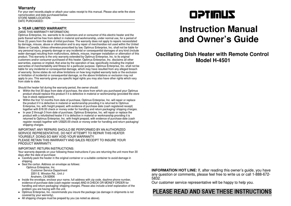 Optimus H 4501 Instruction Manual And Owner S Manual Pdf Download Manualslib