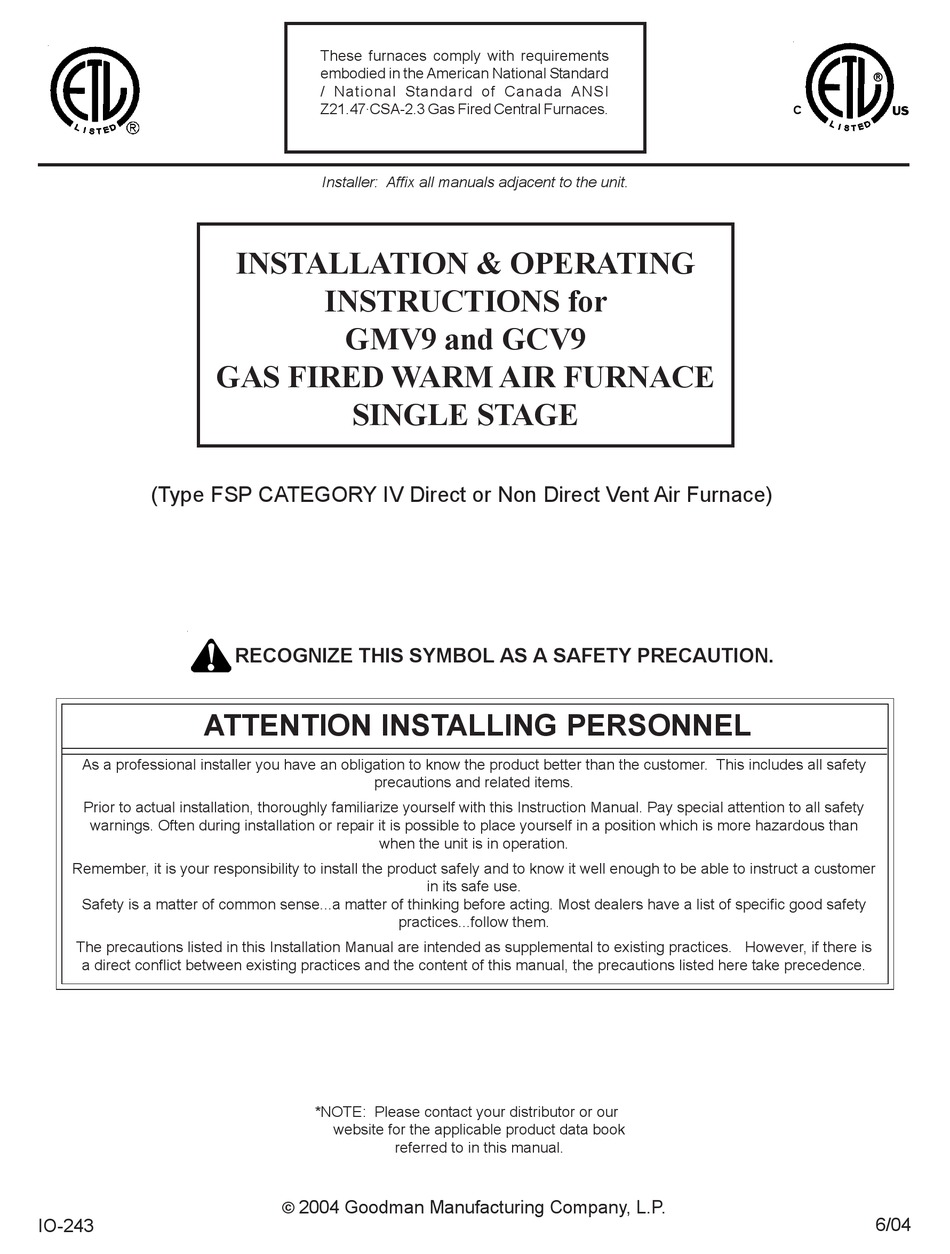 GOODMAN GMV9 INSTALLATION & OPERATING INSTRUCTIONS MANUAL Pdf Download