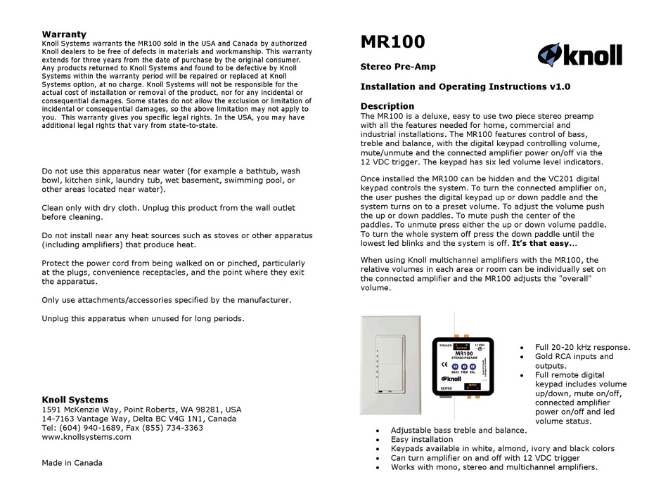 KNOLL MR100 INSTALLATION AND OPERATING INSTRUCTIONS Pdf Download