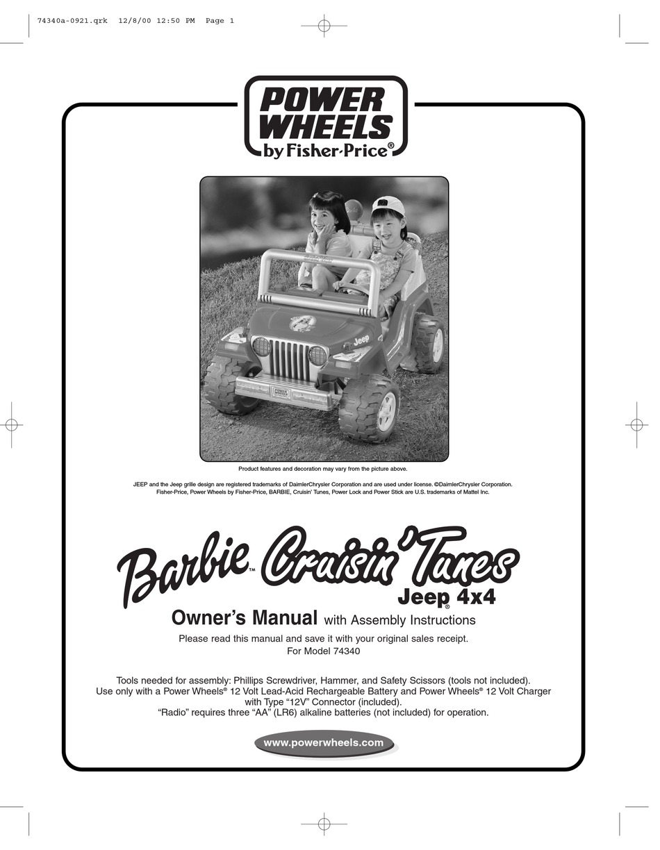 POWER WHEELS BARBIE CRUISIN'TUNES JEEP 4X4 OWNER'S MANUAL AND 