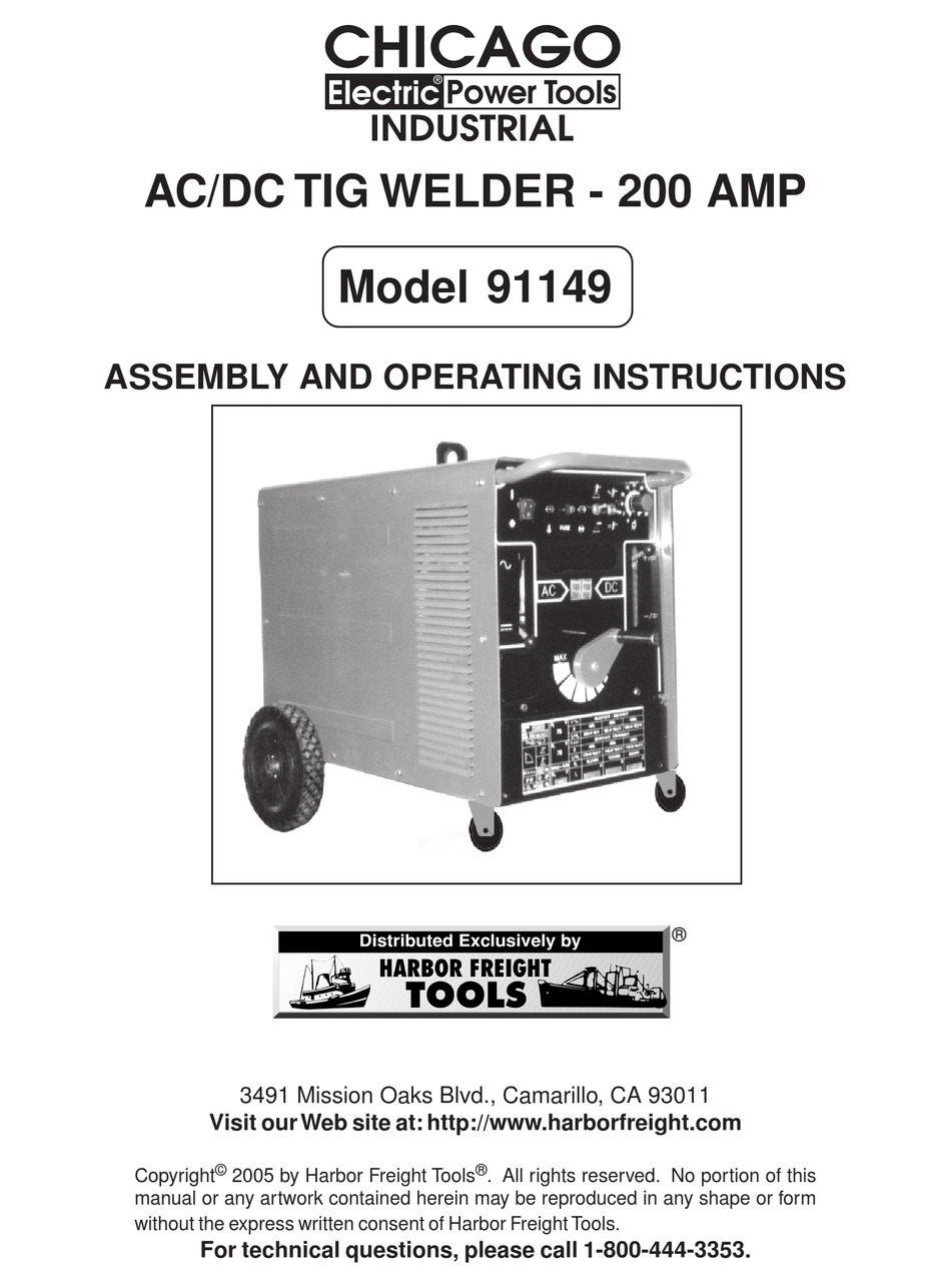 CHICAGO ELECTRIC 91149 ASSEMBLY AND OPERATING INSTRUCTIONS MANUAL Pdf