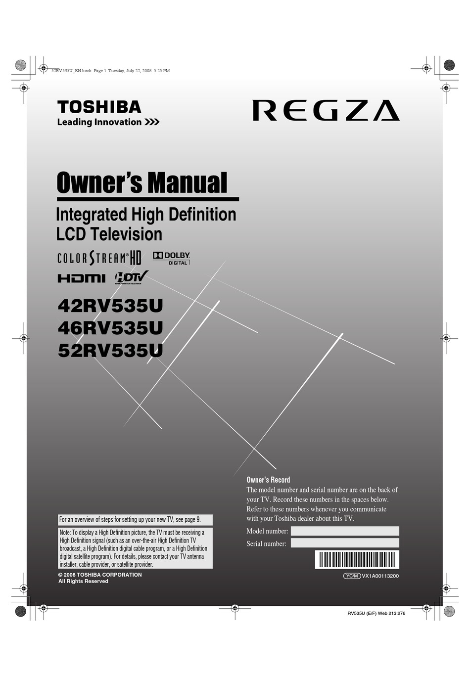 TOSHIBA REGZA 42RV535U OWNER'S MANUAL Pdf Download | ManualsLib