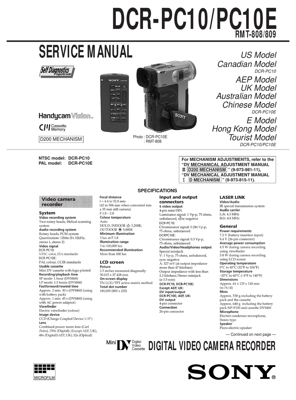 SONY DCR-PC10 SERVICE MANUAL Pdf Download | ManualsLib