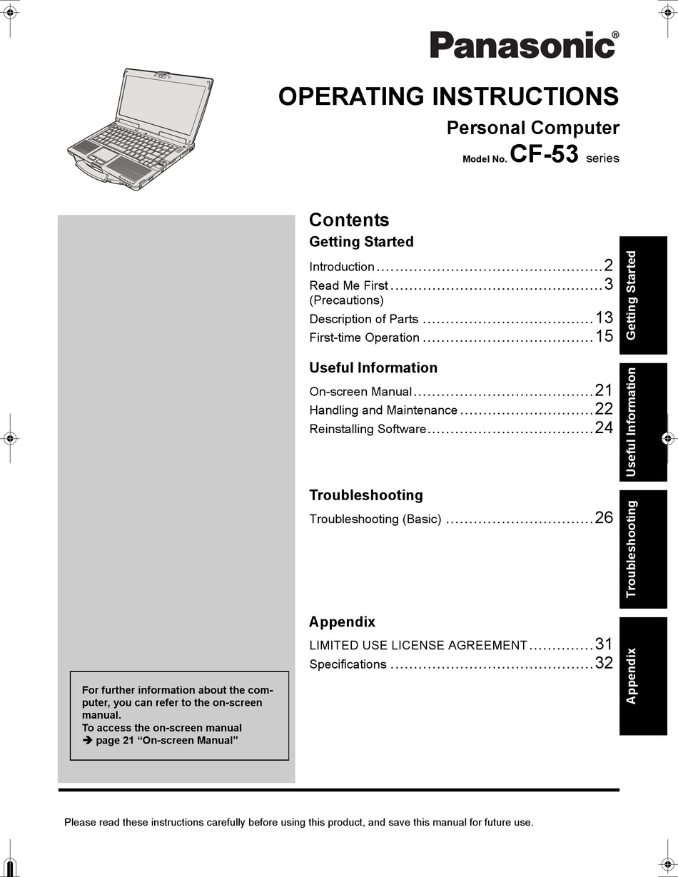 PANASONIC CF-53 SERIES OPERATING INSTRUCTIONS MANUAL Pdf Download