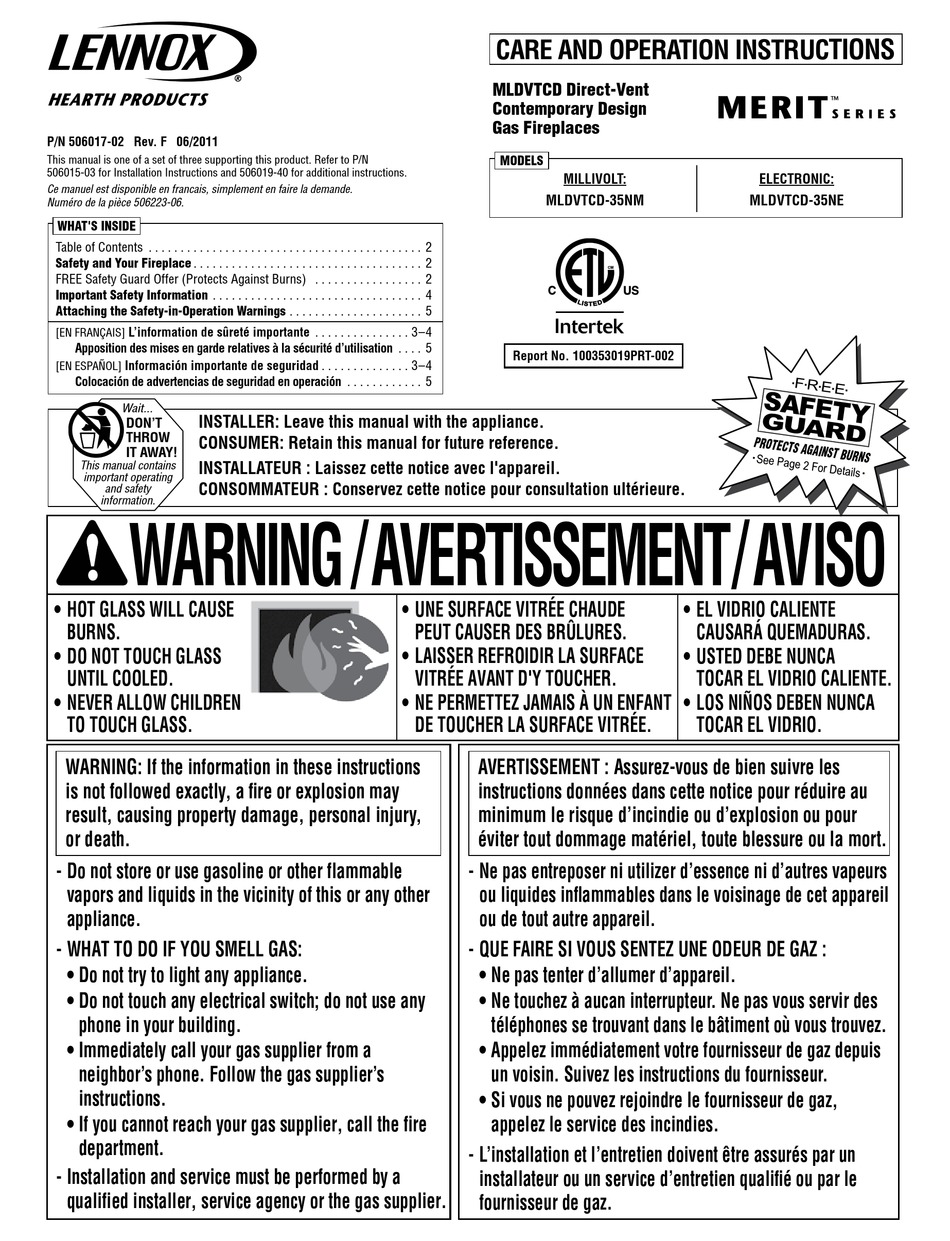 LENNOX MERIT SERIES CARE AND OPERATION INSTRUCTIONS MANUAL Pdf Download