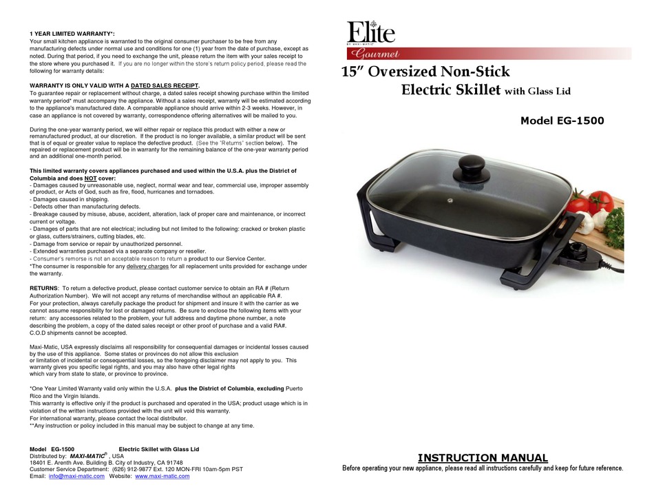 Elite Platinum 8 QT. XL Heavy Duty Electric Skillet EG-6203