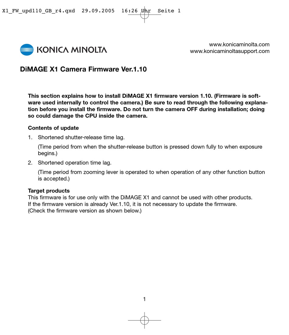 KONICA MINOLTA DIMAGE X1 FIRMWARE UPDATE MANUAL Pdf Download ManualsLib