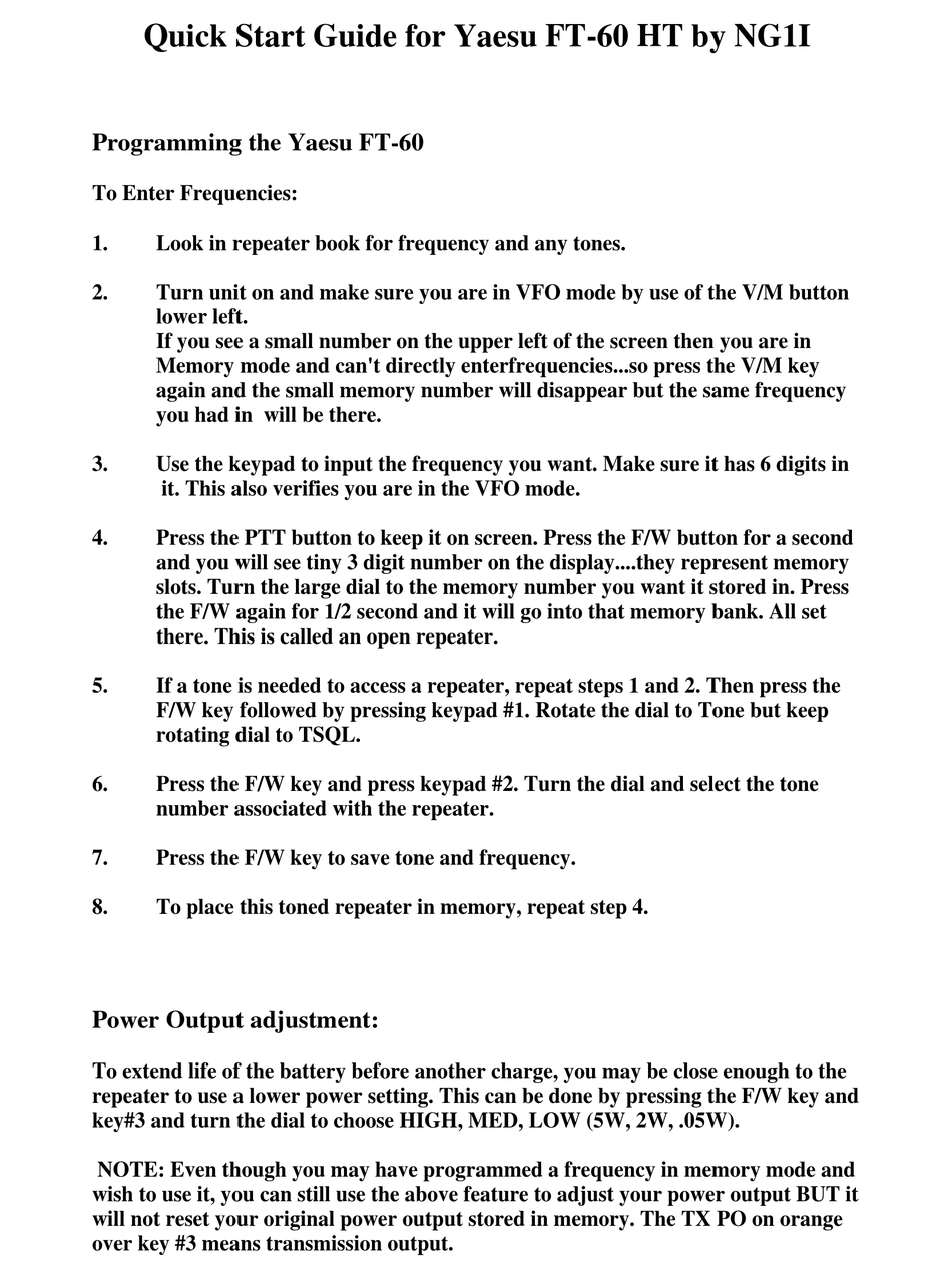 Yaesu Ft 60 Ht Quick Start Manual Pdf Download Manualslib