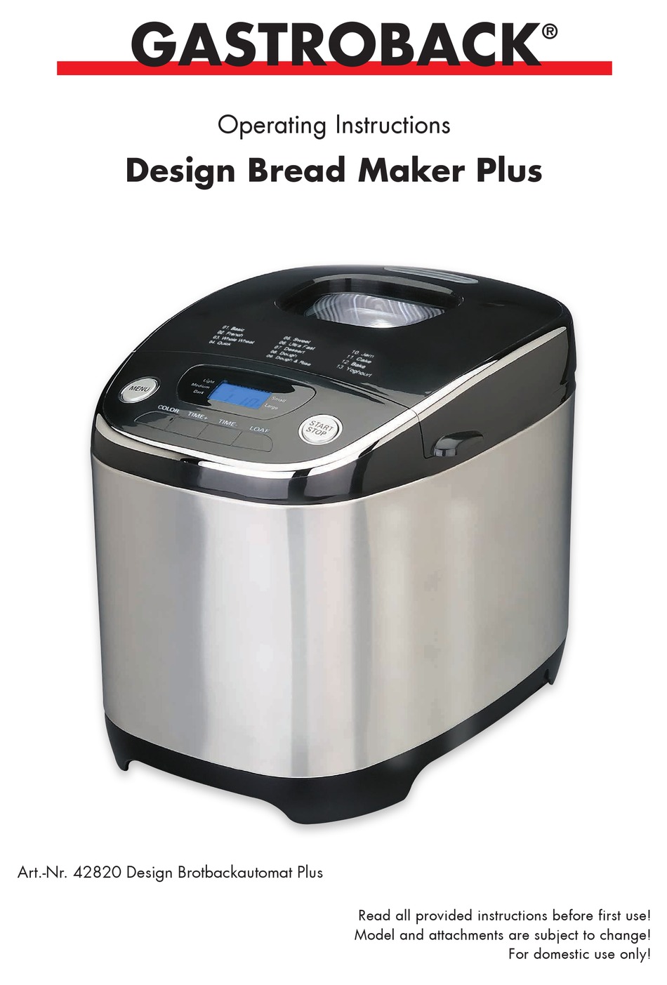 GASTROBACK DESIGN BREAD MAKER PLUS OPERATING INSTRUCTIONS MANUAL Pdf