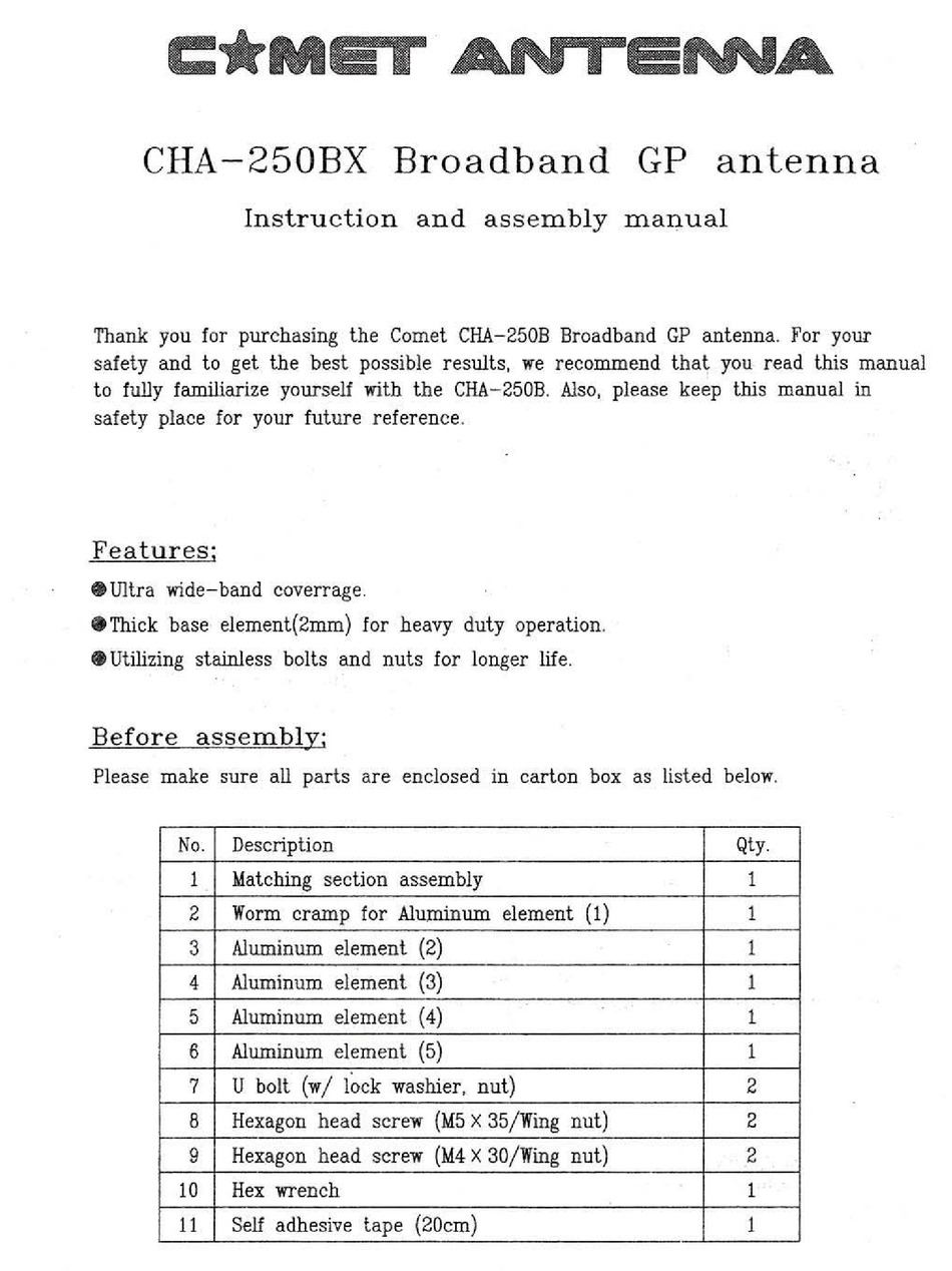 COMET CHA 250BX INSTRUCTION AND ASSEMBLY MANUAL Pdf Download