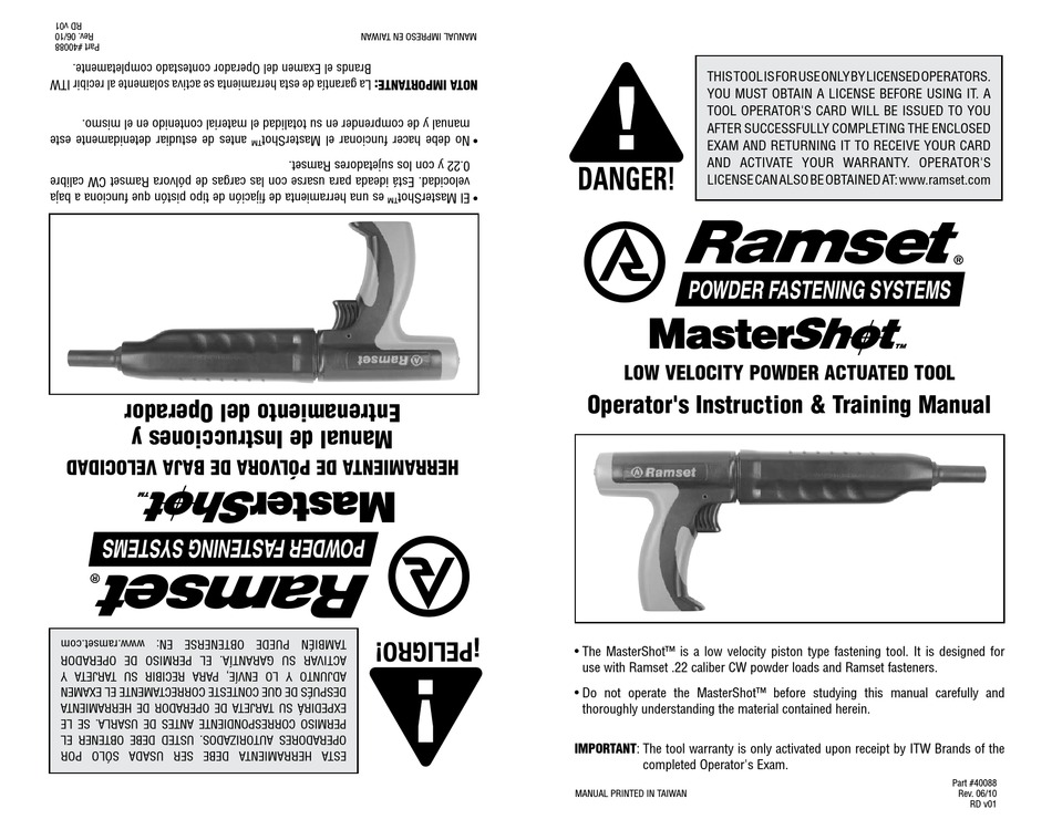 RAMSET LOW VELOCITY POWDER ACTUATED TOOL OPERATOR'S INSTRUCTION