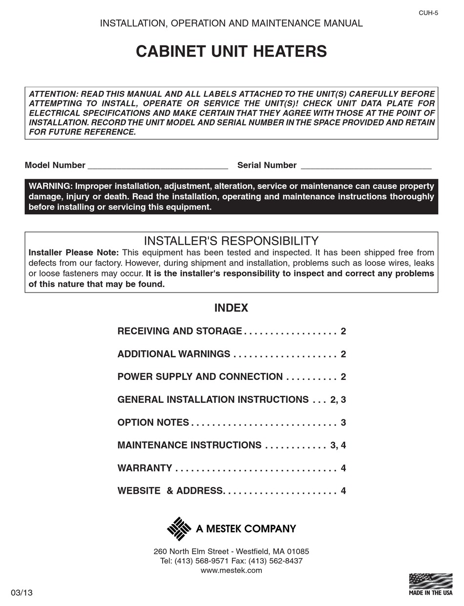MESTEK UNIT HEATERS OPERATING MANUAL Pdf Download ManualsLib