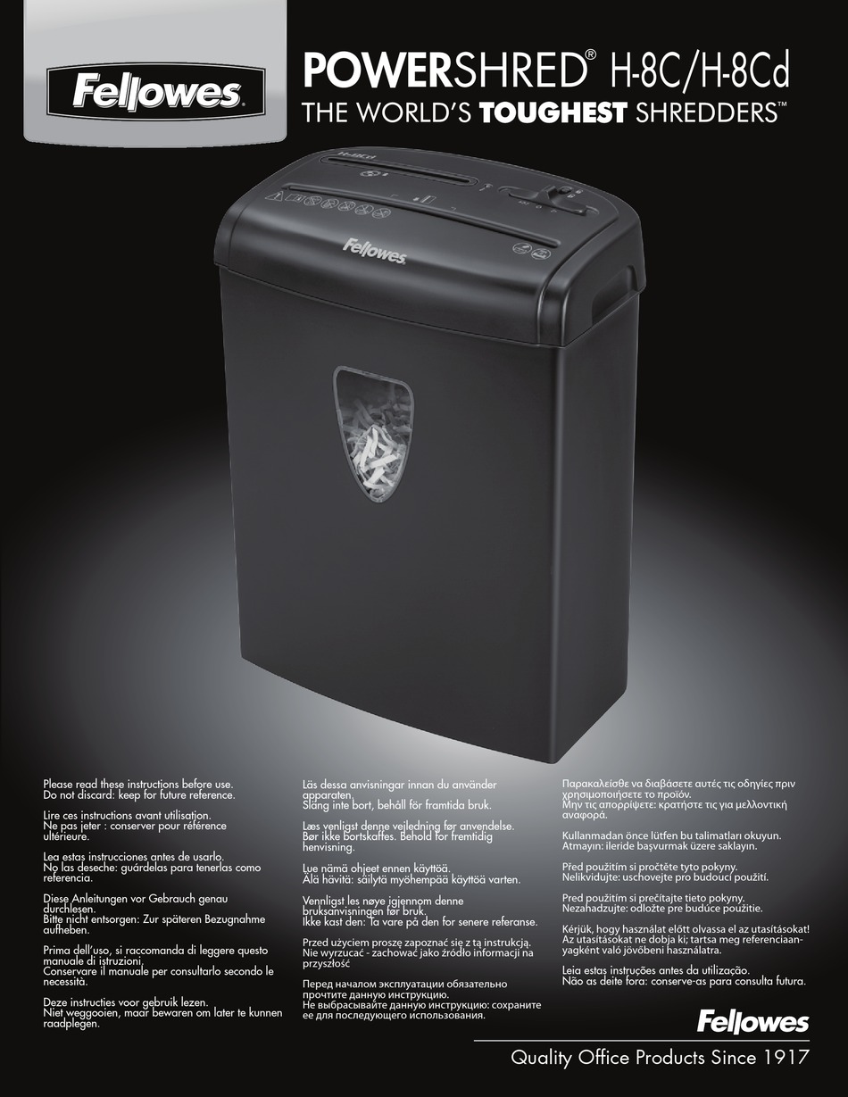 FELLOWES POWERSHRED H8C INSTRUCTIONS MANUAL Pdf Download ManualsLib