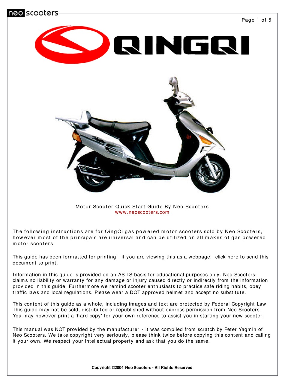 NEO SCOOTERS QINGQI QUICK START MANUAL Pdf Download | ManualsLib