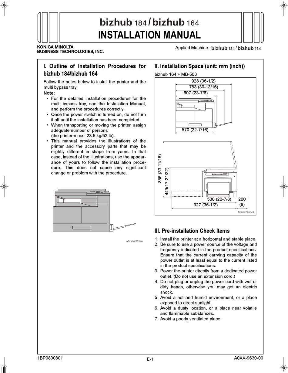 Konica Minolta Bizhub 184 Installation Manual Pdf Download Manualslib