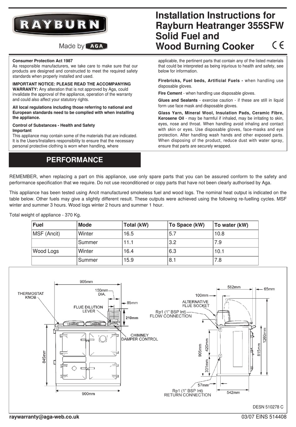 RAYBURN HEATRANGER 355SFW INSTALLATION INSTRUCTIONS MANUAL Pdf Download