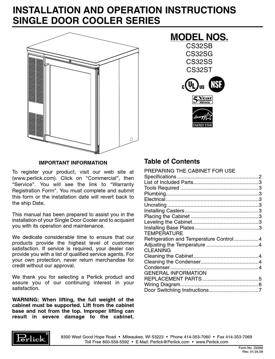 PERLICK CS32SB INSTALLATION AND OPERATION INSTRUCTIONS MANUAL Pdf
