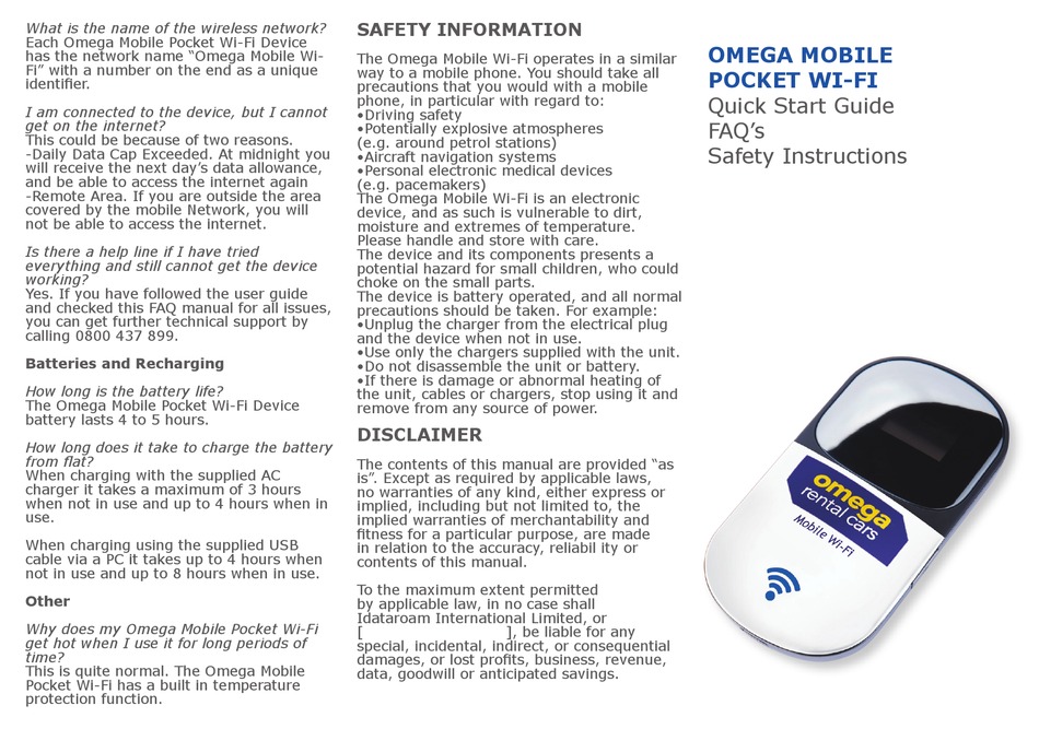 OMEGA RENTAL CARS OMEGA MOBILE POCKET WIFI QUICK START MANUAL Pdf