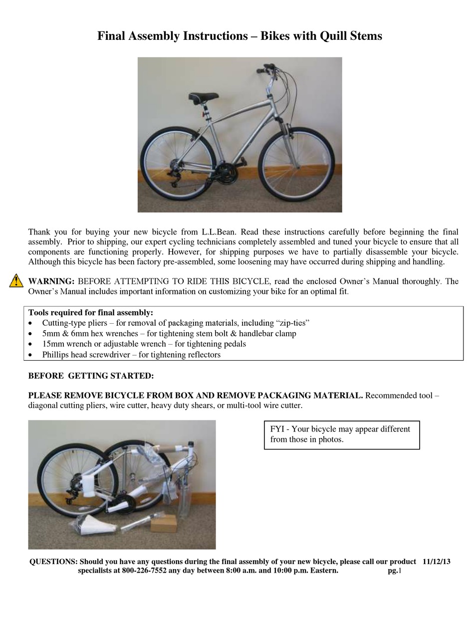 L.L.BEAN BIKE ASSEMBLY INSTRUCTIONS MANUAL Pdf Download ManualsLib