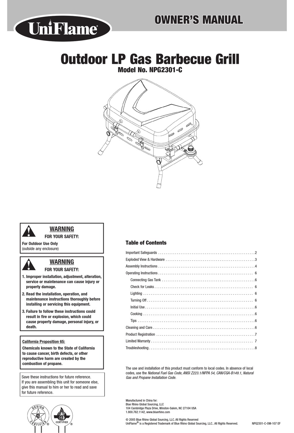 Uniflame Npg2301 C Owner S Manual Pdf Download Manualslib