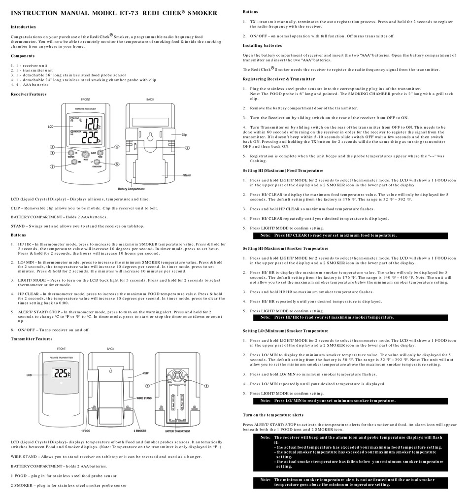 MAVERICK INDUSTRIES REDI CHEK ET73 SMOKER INSTRUCTION MANUAL Pdf