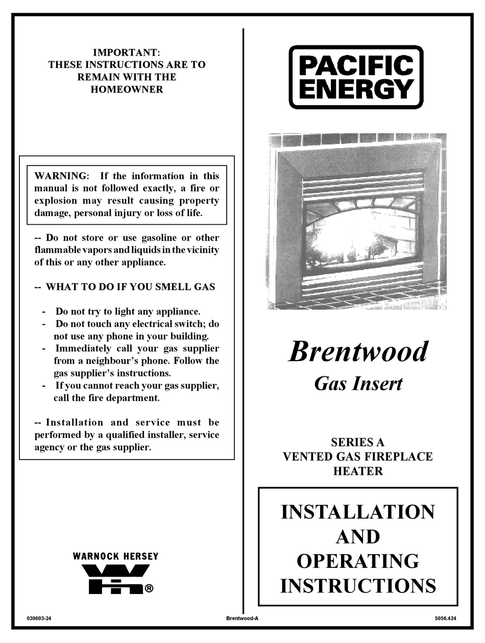 PACIFIC ENERGY BRENTWOOD GAS INSERT INSTALLATION AND OPERATING INSTRUCTIONS MANUAL Pdf Download