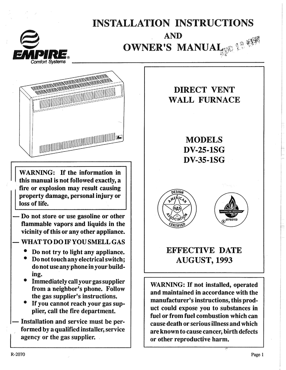 EMPIRE COMFORT SYSTEMS DV251SG INSTALLATION INSTRUCTIONS MANUAL Pdf