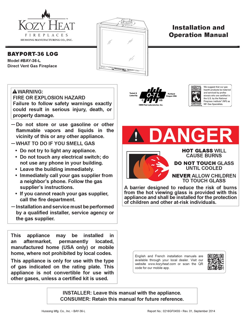 KOZY HEAT BAYPORT 36-L INSTALLATION AND OPERATION MANUAL Pdf Download