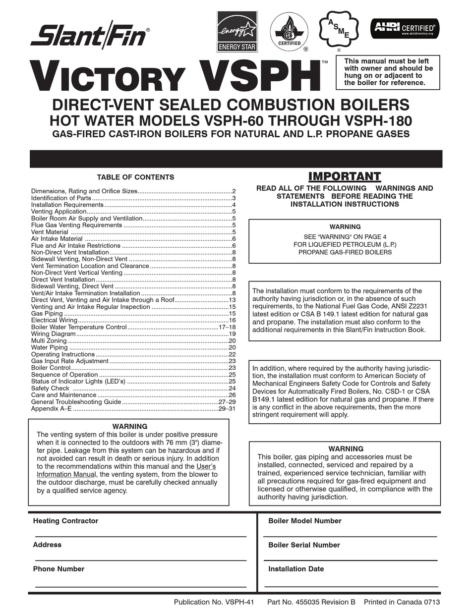 SLANT/FIN VICTORY VSPH SERIES USER MANUAL Pdf Download | ManualsLib