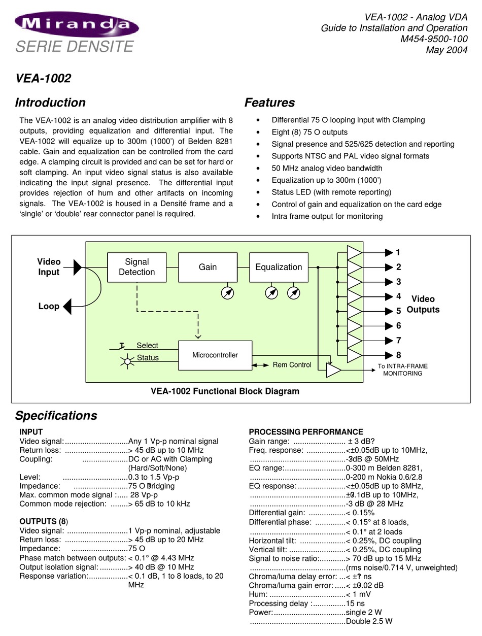 MIRANDA VEA1002 MANUAL TO INSTALLATION AND OPERATION Pdf Download