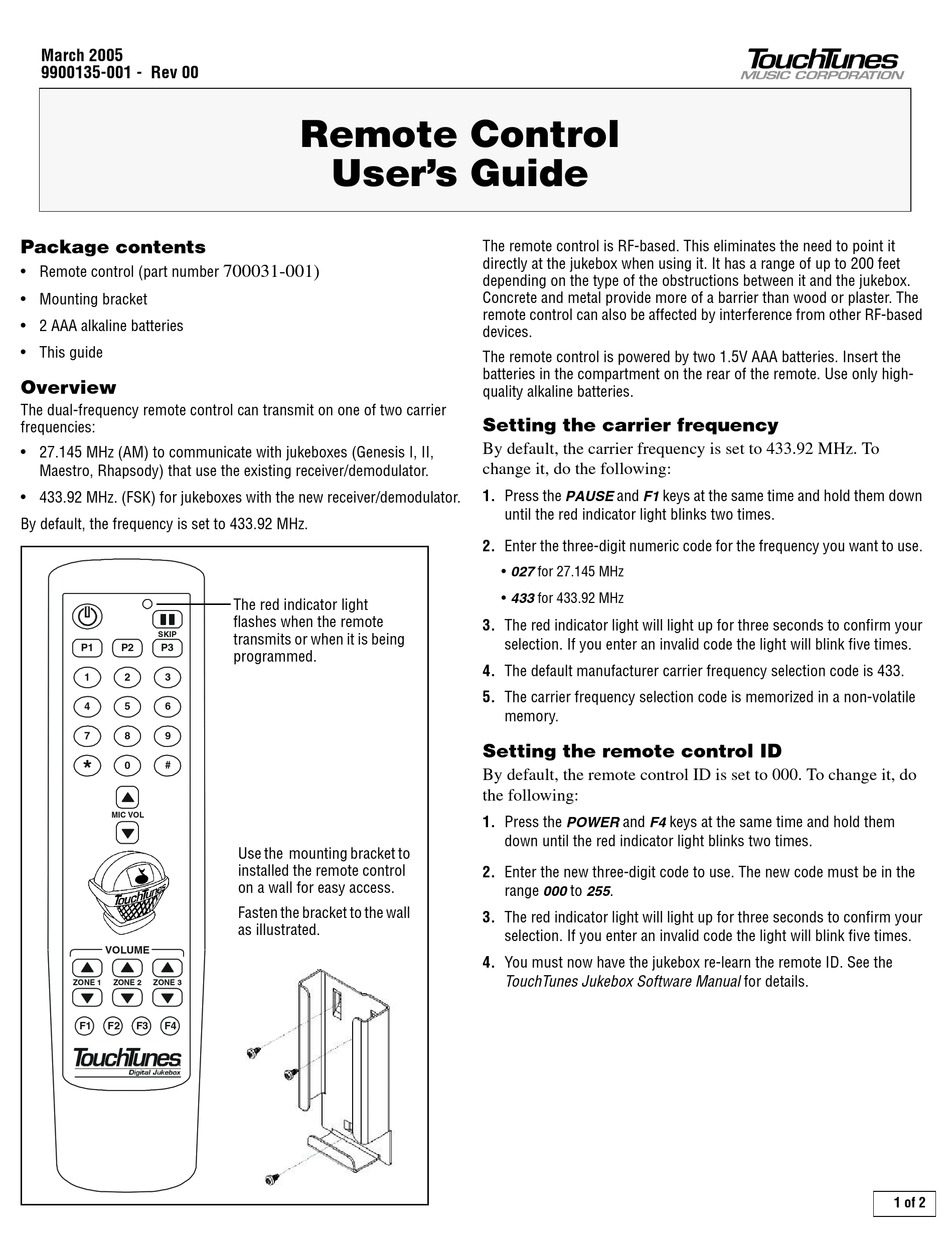 TOUCHTUNES REMOTE CONTROL USER MANUAL Pdf Download ManualsLib