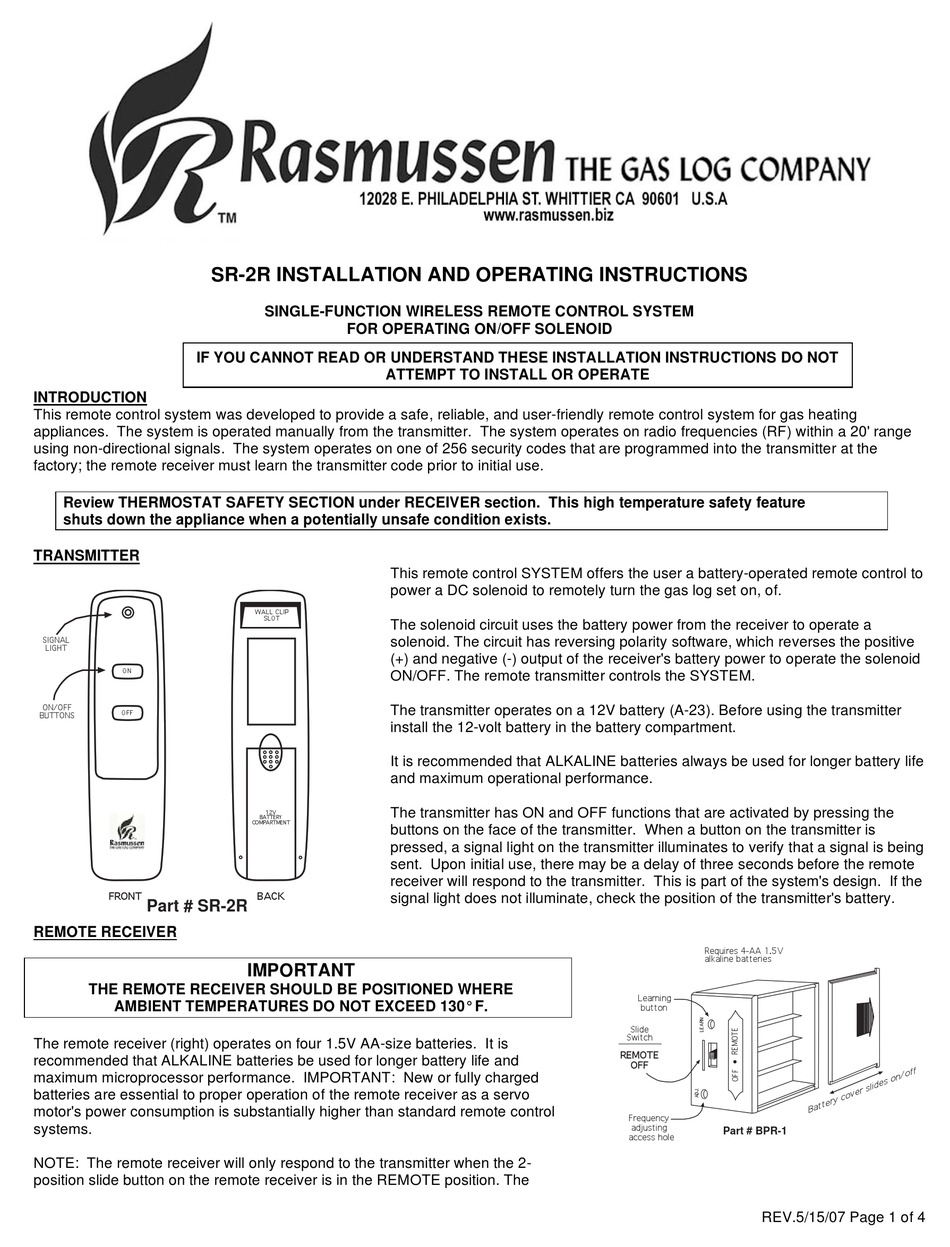 Rasmussen Wireless On/Off Remote