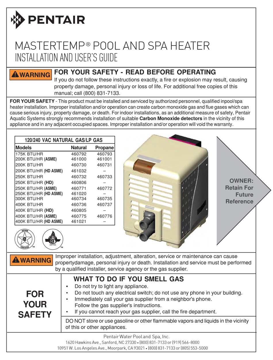 PENTAIR 175K BTU/HR INSTALLATION AND USER MANUAL Pdf Download ManualsLib